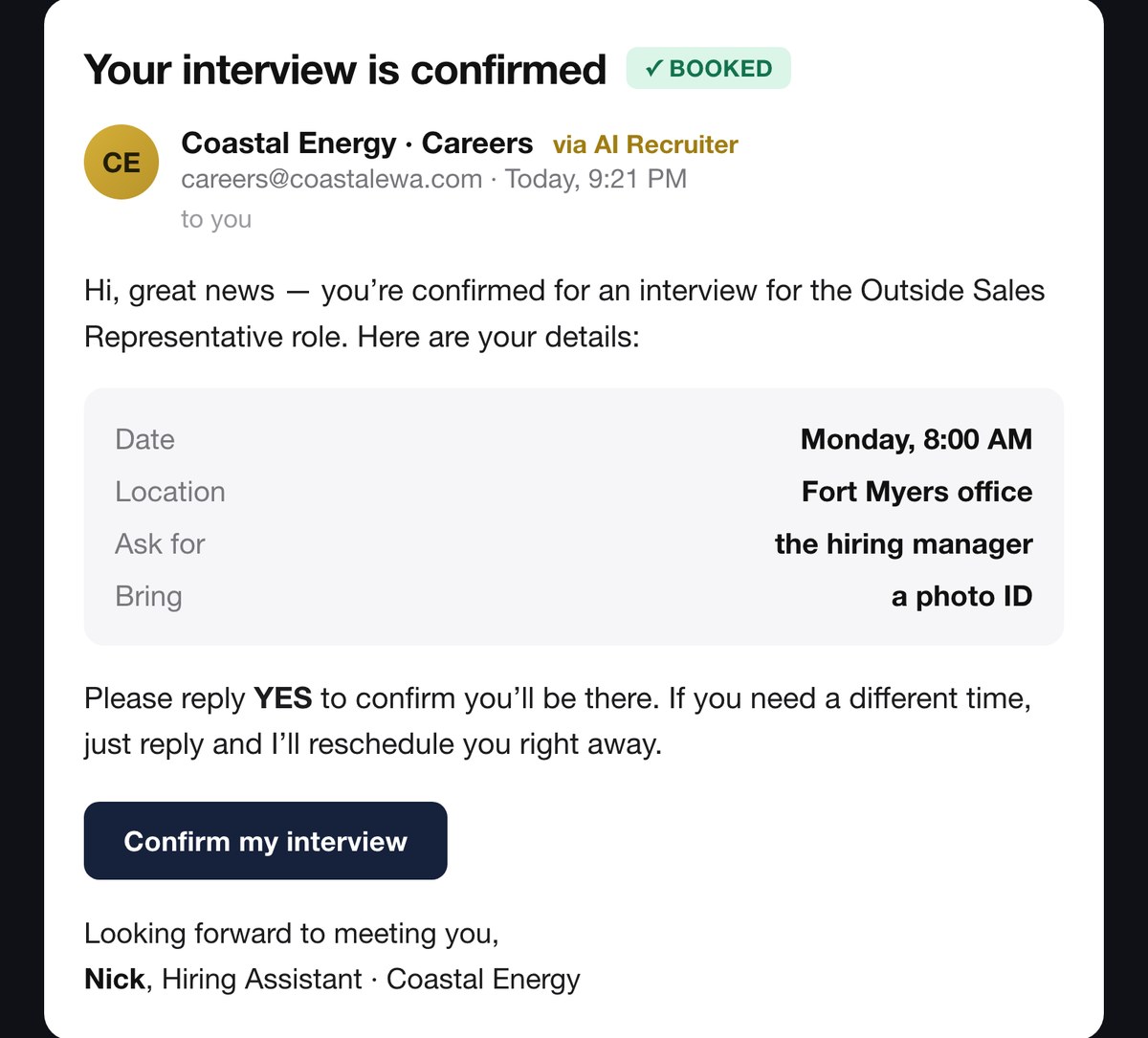 Confirmation email sent at 9:21 PM, labelled via AI Recruiter