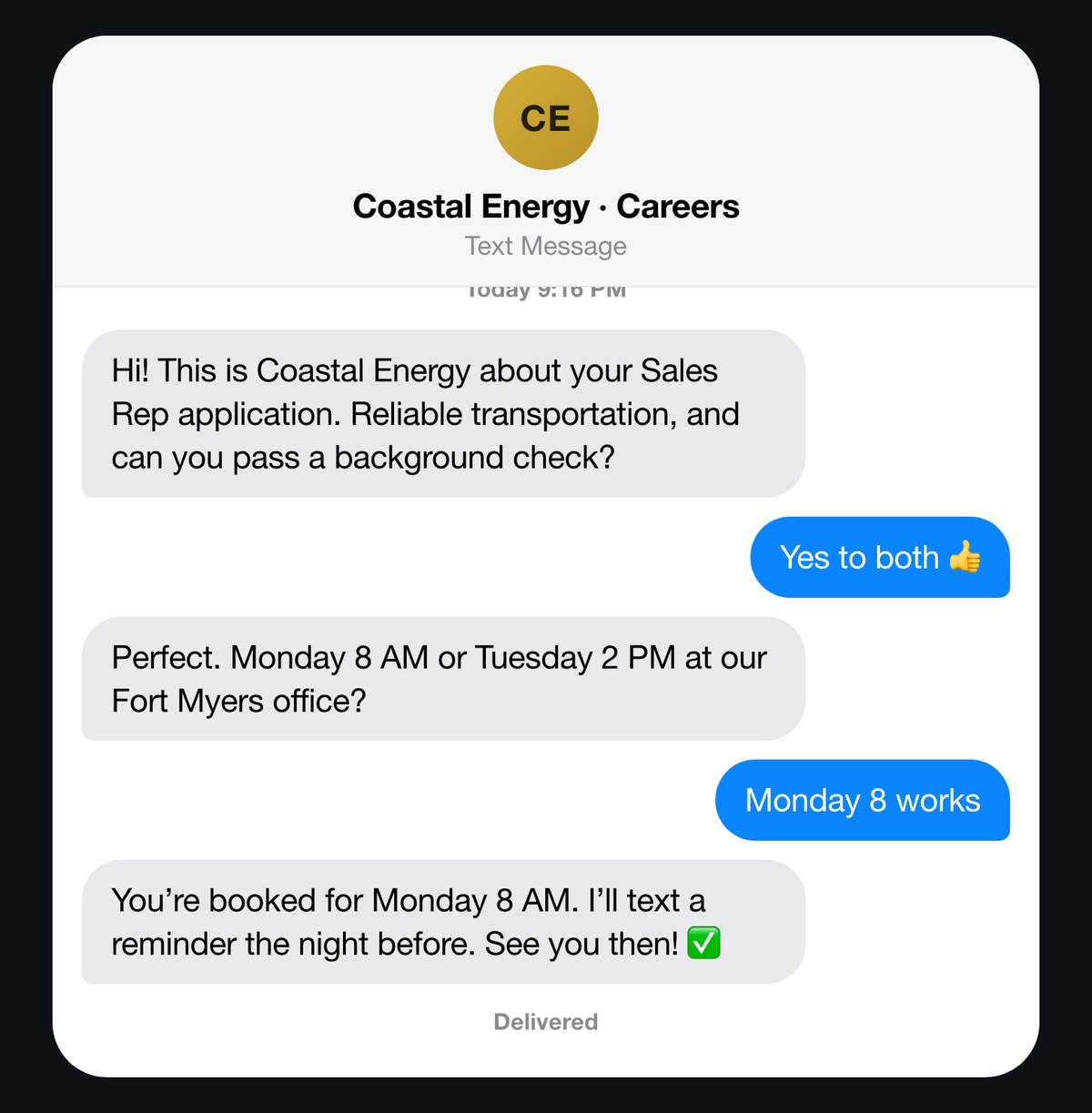 Text conversation: screening question, applicant answer, two time options offered, interview booked